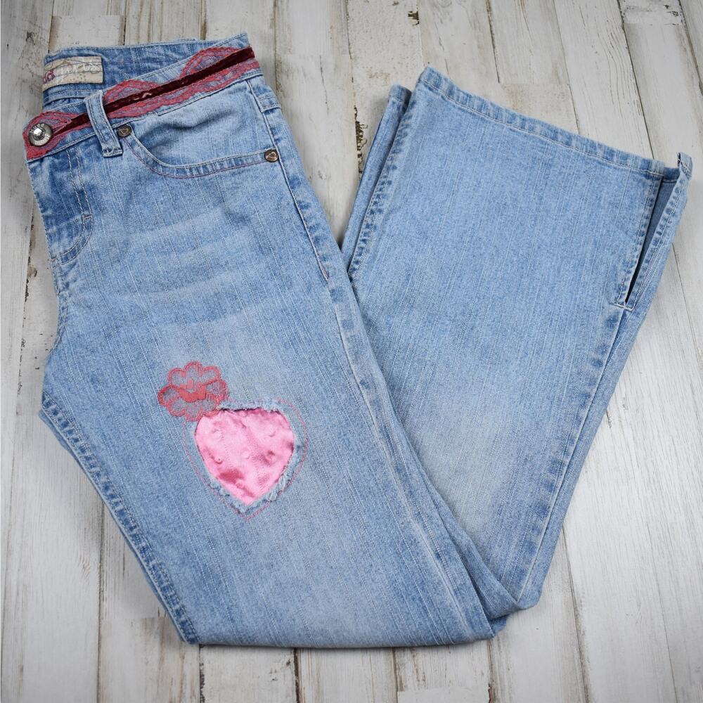 Y2K Mudd Girls Flare Jeans Size 8 Embellished Blue Denim Pants Vintage Coquette